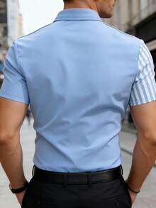 Kemeja Kasual Pria, Kain Polos Bergaris, Lengan Pendek, Desain Cetak Kuda Kustom, Minimalis Serbaguna untuk Beraktivitas Sehari-hari - Biru - View 5