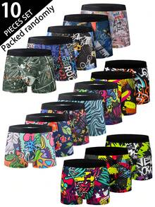 10pcs Fashion Printed Men's Boxer Briefs, Soft Stretchy Thin Trunks With Mixed Letter & Graffiti Patterns, Casual Underwear, Novelty Designs - Multicolor - View 12