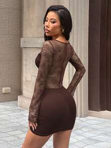 Rochie de seară cu mânecă lungă, fără spate, din dantelă, sexy, cu decor, în stil uni, 1 buc., potrivită pentru întâlniri de seară, plajă, petrecere, iarnă, primăvară, Ziua Îndrăgostiților, carnaval, vacanță - Maro - Vizualizare 6