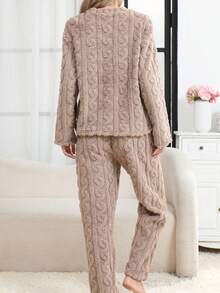 2pcs Women Autumn/Winter Casual Solid Color Flannel Pajama Set, Long Sleeve Top And Pants, Suitable For Loungewear - Khaki - View 2