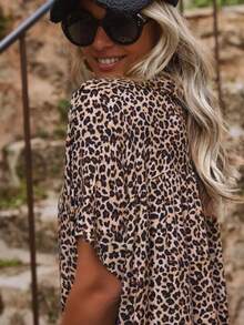 Plus Size Women's Leopard Print Button Front Dress, Leopard V-Neck Mini Dress, Short Sleeve Casual Leopard Print Dress, Spring/Summer Vacation Elegant - Brown - View 7