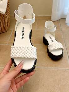 1 Pair White Woven Soft Leather Girls' Sandals, Non-Slip Thick Sole Platform, Strap + Ankle Strap Design, Fashionable Soft Bottom Comfortable Wear, Ideal Summer Outing & Holiday Gift, Children Sandals - 白色 - 查看 19