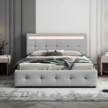 Polsterbett 140 X 200 Cm Mit LED, Lattenrost & Bettkasten Auf Rollen,, Einzelbett Mit Kopfteil & 4 Schubladen, Hautfreudliches Leinen-Oberfläche Kinderbett Jugendbett Gästebett, Gray (Ohne Matratze) - Grey - View 1