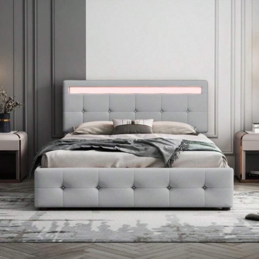 Polsterbett 140 X 200 Cm Mit LED, Lattenrost & Bettkasten Auf Rollen,, Einzelbett Mit Kopfteil & 4 Schubladen, Hautfreudliches Leinen-Oberfläche Kinderbett Jugendbett Gästebett, Gray (Ohne Matratze) - Grey - View 1