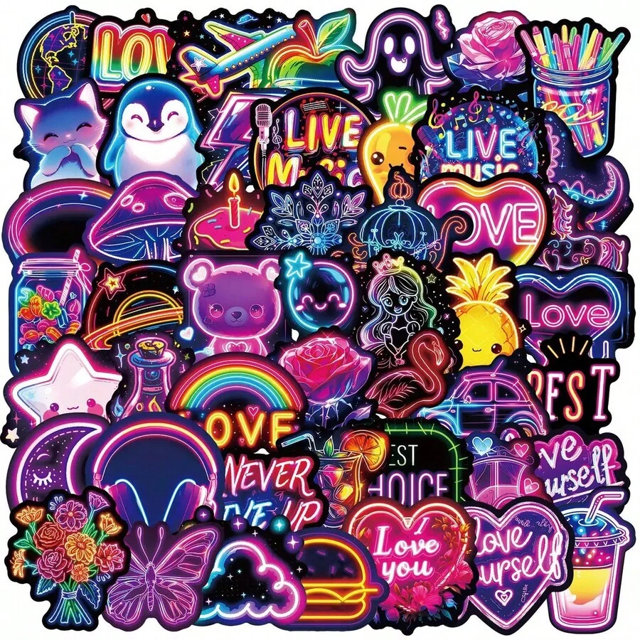 50 miếng dán neon, miếng dán trang trí hoạt hình, bộ miếng dán phong cách , miếng dán cá nhân hóa nhiều màu sắc, miếng dán tự làm ốp điện thoại.