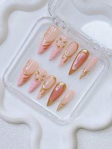 10片Y2K美甲尖头按压式美甲套装 - 手工制作，粉色美甲，金色美甲，粉色法式美甲，手绘金色法式美甲及3D水滴设计，手绘猫眼美甲，闪亮白色仿珍珠和金色星星点缀，精致优雅的美甲 - 适合派对和休闲装扮，是送给女性和女孩的完美节日礼物。 - 彩色 - 查看 2