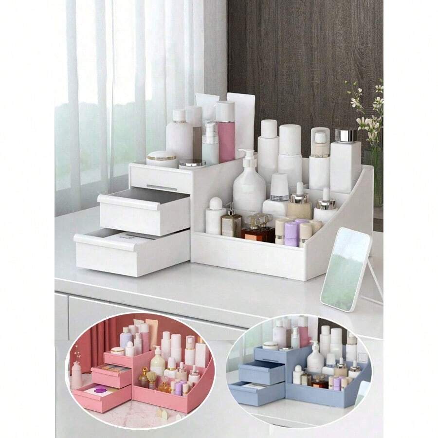 Double Layer Makeup Storage Box - Waterproof Dustproof Cosmetic Organizer For Dresser Vanity | Holiday Wedding Gift - 白色 - 查看 1