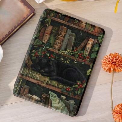 Ayotu 1 件装书架和黑猫图案 Kindle 保护套，兼容 Kindle Paperwhite 第 11 代（2021 年款）/ Kindle Paperwhite 第 12 代（2024 年款）/ Kindle（第 11 代 - 2024 年发布）/ Kindle Colorsoft Signature Edition，支持自动唤醒/睡眠功能，返校季礼物 - 知识保护套