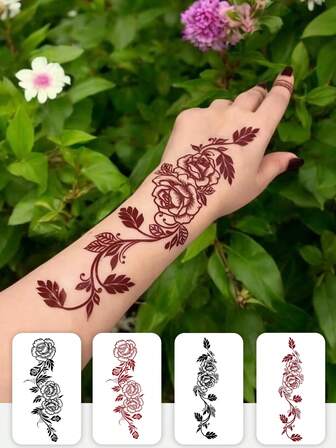 1-4 Valentine's Day Henna Temporary Tattoo Stickers, Waterproof And Sweatproof, Red And Black Rose Floral Henna Vines, Vibrant And Stylish Hand And Nail Flower Fake Tattoos, Plant Fake Tattoos - Temporary Tattoos - Popular And Suitable For Birthdays, Weddings, And Party Decorations, Lasts 3-5 Days