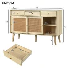 Sideboard, Chest Of Drawers With 3 Drawers And 3 Sliding Doors, Rattan Weave On The Door Fronts, Solid Wood Legs, Gold Metal Bar Handle, Adjustable Shelves, Oak, 120 X 40 X 78 Cm - 自然色 - 查看 5