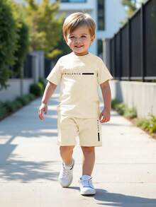 Toddler Boy Summer Casual Letter Print T-Shirt And Shorts Set - Apricot - View 6
