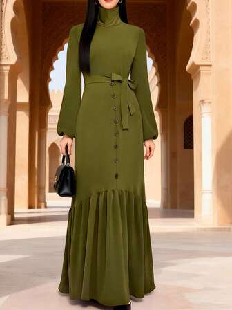 Women's Long Sleeve Pleated Middle Eastern Muslim Dress, Elegant Loose Long Middle Eastern Party Gown