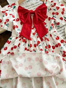 Korean Style Girls Cherry Print Dress, Summer, Backside Red Bow Puff Sleeve Princess Dress, Children Sweet Puffy Skirt, Children Waist Cinched Vacation Dress - Red - View 5