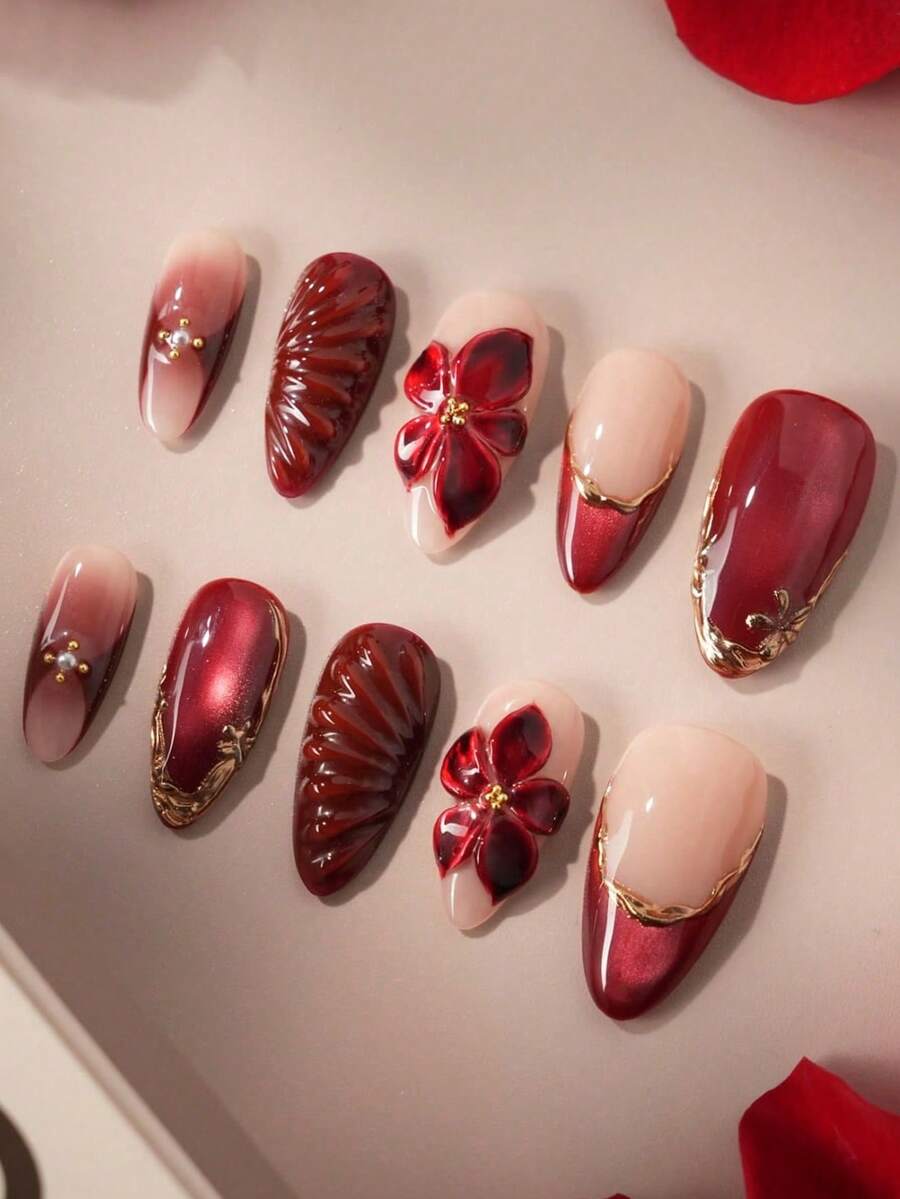 10 miếng dán móng tay acrylic hình hoa Pháp màu vàng kim, hình hạnh nhân cỡ trung bình, kiểu móng dán Y2K, mắt mèo đỏ, bộ móng giả 3D tự làm nghệ thuật, trang trí hạt trắng/vàng, thích hợp cho tiệm nail, móng tay hàng ngày của các cô gái và phụ nữ, lễ hội, tiệc tùng và quà tặng. - Nhiều màu - Xem 1