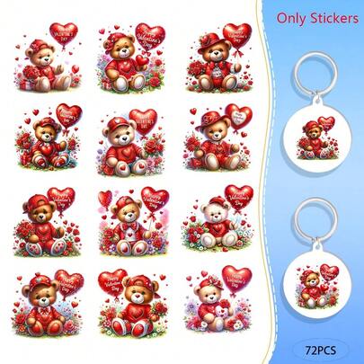 72 Adet Sevgililer Günü Sevimli Ayıcık Kalp UV DTF Etiketleri - Su Geçirmez Kendinden Yapışkanlı Parlak Yüzey, Anahtarlıklar, Motel ve Otel Anahtar Etiketleri İçin 6 Sevimli Kalpli Ayıcık Tasarımı, Plastik/Ahşap/Cam/Metal/ - Aşk Temalı Hediye, Ayıcık Etiketleri, Anahtarlık Aksesuarları, Suluboya Tarzı, Dayanıklı Yapıştırıcı