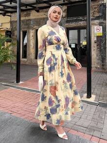 DAZY Women's V-Neck Long Sleeve Tie Dye Print Dress,Fall Dress