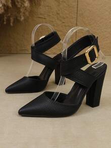 Women's Pointed Toe Stiletto Heel Backless Fashion Champagne/Black/White Sexy High Heel Pumps With Ankle Strap, Ladies Shoes - Black - View 5