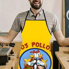 1PC Los Pollos Hermanos Apron With Cartoon Twin Roosters Design Blue Circular Logo Yellow Background Funny Chicken Character Print Kitchen Cooking Apron For Home Chefs Restaurant Staff Food Service Uni