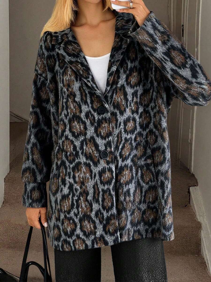 Women's Fashion Leopard Print Lined Coat For Autumn & Winter - Brown - View 1