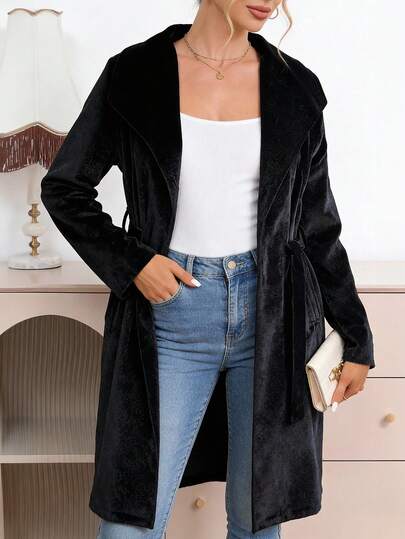 Modern och mångsidig enfärgad jacquardkappa i ullblandning med skärp, höst/vinter