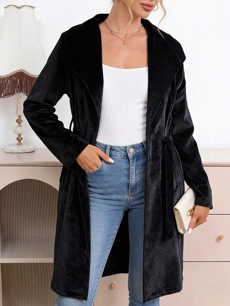 时尚百搭纯色提花系带羊毛混纺大衣，秋冬款 - 黑色 - 查看 1