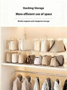 4件套透明衣柜收纳袋手提包隔板可拆卸柜架，适用于卧室、浴室、办公室等场所，实用书籍隔板L型收纳架，节省空间，可用作汽车收纳盒、抽屉整理器，透明四格收纳盒仅适用于小型手提包，也适用于衣柜衣物收纳，可用作衣橱隔板，收纳毛衣、袜子、裤子、牛仔裤、内衣等。