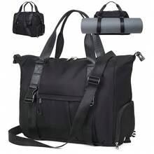 Gym Bag With Yoga Mat Holders, Carry On For Pilates Women & Men With Laptop & Shoe Compartment Large Duffle Travel Weekender Tote With Key Ring Clip Personal Item Workout, Easy To Clean - Black - 黑色 - 查看 1