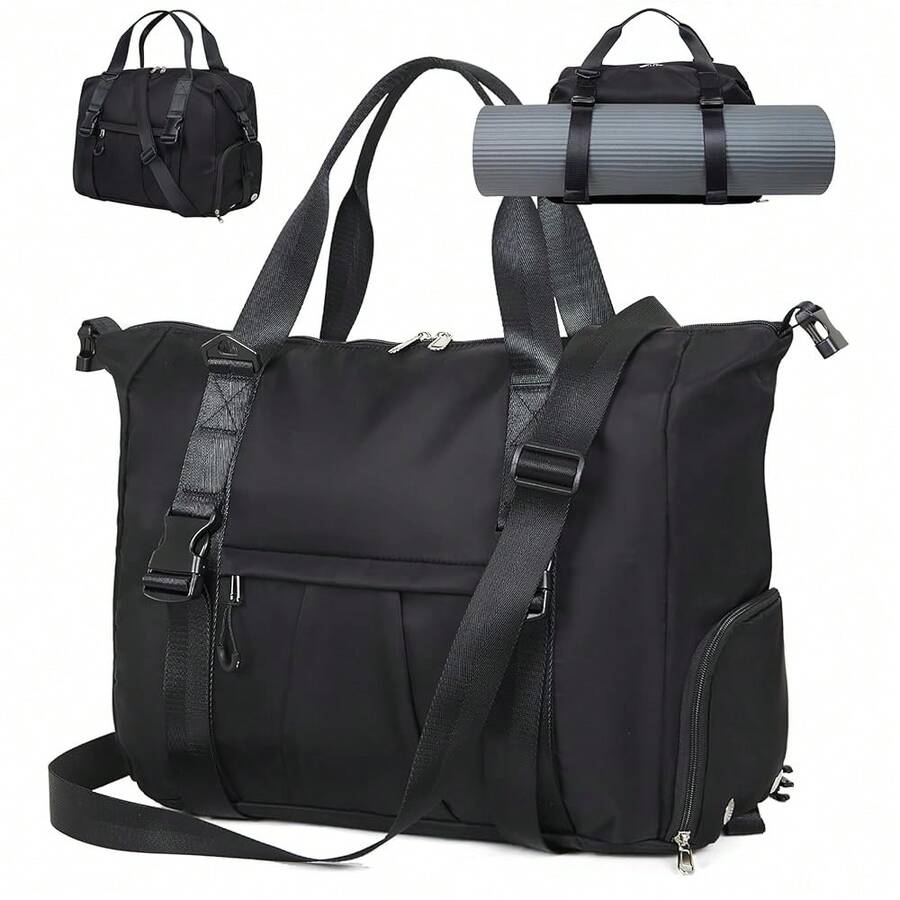 Gym Bag With Yoga Mat Holders, Carry On For Pilates Women & Men With Laptop & Shoe Compartment Large Duffle Travel Weekender Tote With Key Ring Clip Personal Item Workout, Easy To Clean - Black - 黑色 - 查看 1