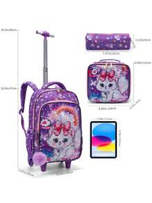 BLING BABIES 3件套女童拉杆背包，双面可爱卡通猫亮片设计，带午餐盒和铅笔盒 - 紫色，适合日常通勤，夜光功能 - 紫色 - 查看 4