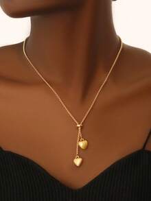 1pc Heart-Shaped Pendant Necklace, Fashion Adjustable Choker Necklace, Minimalist Unique Design Jewelry - Golden Double Heart Pendant - View 6