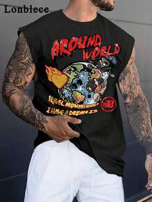 Lonblece Summer Men's Sleeveless T-Shirt Brand Hand-Painted Earth Element Graphic Tank Top Casual Sports Tee - Black - View 1