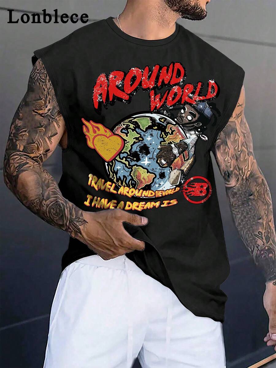 Lonblece Summer Men's Sleeveless T-Shirt Brand Hand-Painted Earth Element Graphic Tank Top Casual Sports Tee - Black - View 1