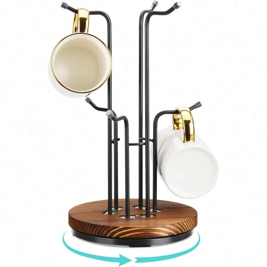 360° Rotating Mug Tree For Large Cups, Counter Coffee Mug Holder With 6 Hooks, Metal Coffee Cup Rack Stand For Countertop With Stable Wooden Base, Kitchen Counter Decor XAZ-B03 - 6個鉤子 - 查看 1