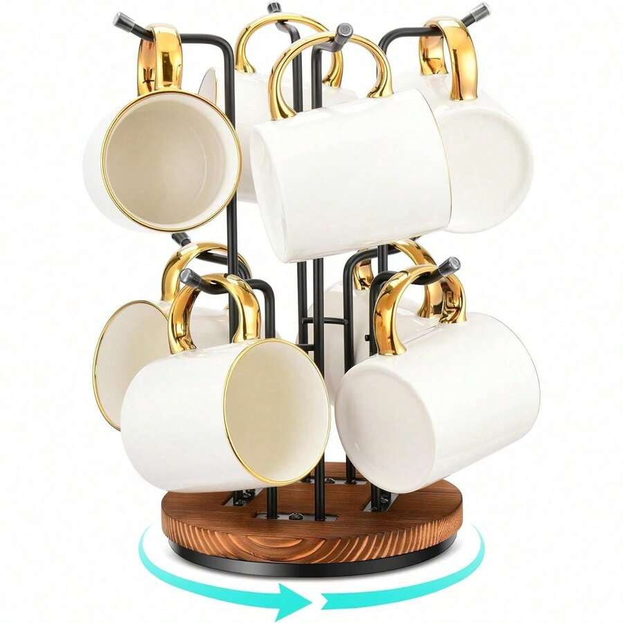 360° Rotating Mug Tree For Large Cups, Counter Coffee Mug Holder With 6 Hooks, Metal Coffee Cup Rack Stand For Countertop With Stable Wooden Base, Kitchen Counter Decor XAZ-B03 - 8個鉤子 - 查看 1