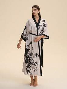 Japanese Style Loose New Chinese Chic Mid-Length Fashionable Elegant Printed Kimono Cardigan Robe, Casual Home Tie-Waist Yukata Sleepwear Thin Outerwear, Summer Beach Vacation Sexy Bikini Cover-Up - Grey - View 4