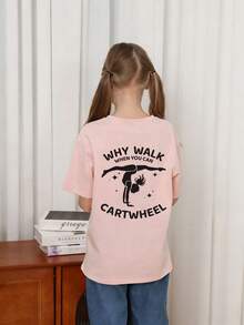 Tween Girls Gymnast Print Round Neck Short Sleeve T-Shirt, Summer Top - Pink - View 2