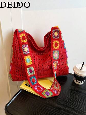 Dedoo Bolso cruzado casual de color contrastante con diseño floral hueco (color/posición de la flor al azar) (color/patrón de la correa al azar)