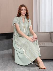 2026 Nouvelle robe traditionnelle élégante de style Ramadan, col en V, manches courtes, poignets à franges, broderie perlée dorée, vêtement gracieux pour femmes arabes - Vert menthe - Voir 11