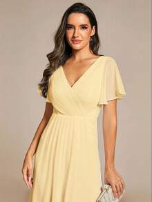 Women's V-Neck Ruffle Sleeve Asymmetric Hem Mid-Length Wedding Guest Dress Spring - Yellow - View 6