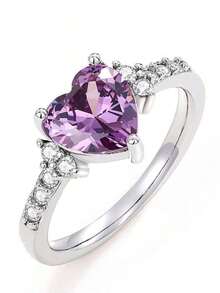 1pc Stainless Steel 18K Gold Plated Natural Amethyst Cubic Zirconia Ring, Fashion Wedding Heart Shaped Jewelry Women, Valentine's Day, Best Friends Valentines,Mom,Mother,Mother's Day, Best Valentine's Day - Màu tím - Xem 13