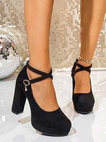 女士时尚优雅粗跟高跟鞋，配有可调节搭扣，穿着稳固舒适，适合休闲、派对、约会、日常通勤等场合，时尚女士高跟鞋 - 黑色 - 查看 3