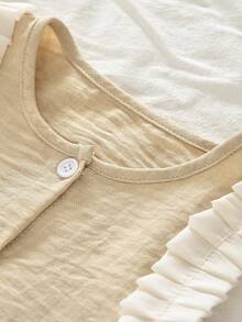 两件套女童时尚套装，牛仔效果短袖上衣搭配藏蓝色休闲裤 - 米色 - 查看 3