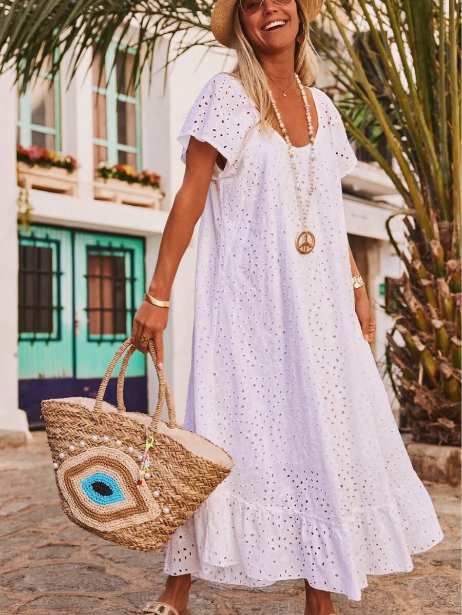 优雅女士蕾丝镂空中长连衣裙，休闲圆领收腰A字连衣裙，纯色宽松连衣裙，纯色镂空婚纱 白色夏季 - 白色 - 查看 1