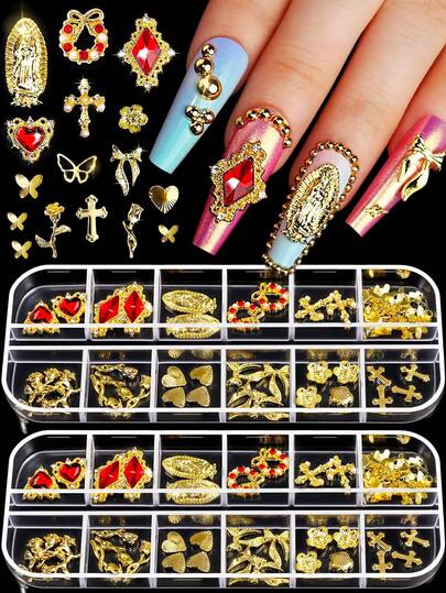 12 Grid/Set Charming Exquisite Gold Alloy Base Shiny Ruby Rhinestone Heart-Shaped Diamond Cross Tulip Rose Gold Alloy Small Butterfly Shaped Nail Decoration Patch Accessory Box, 3D Nail Alloy Pendant, Y2K Style Spicy Girl Subculture, Japanese And Korean Fashion Versatile Luxury Lady Style, Fairy Girl Style, Large Bow Decoration, Fragrance Free Handmade DIY Nail Fake Nail Phone Case Art Decoration Accessories, Handicrafts, Cute Nail Gemstone Jewelry Gift Box Set
