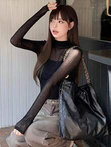 Thin Soft Diamond Grid Sheer Slimming Waist Long Sleeve Women's Sweater, Fitted Knit Top Suitable For Outings, Dates, Vacations, Evenings, Parties, Christmas, New Year, Commuting, Spring/Summer - Black - View 6