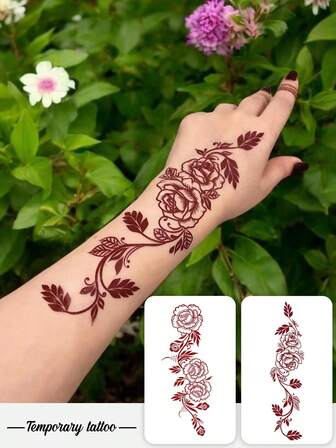 2pcs Valentine's Day Henna Temporary Tattoo Stickers, Waterproof And Sweatproof, Red Rose Floral Henna Vines, Vibrant And Stylish Hand And Nail Flower Fake Tattoos, Plant Fake Tattoos - Temporary Tattoos - Popular And Suitable For Birthdays, Weddings, And Party Decorations, Lasts 3-5 Days