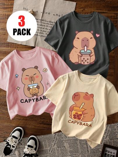 3pcs/Set Girls Casual Printed Round Neck Short Sleeve T-Shirt, Summer Student Young Children Clothing - The Cute Capybara Printed T-Shirt Brings Joy And Happiness To Every Child!