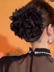 1个复古华丽闪亮大花朵发夹，3D花朵发髻爪夹发饰，休闲发爪，时尚发饰，优雅发夹，夏季沙滩配饰，女士 - 彩色 - 查看 1