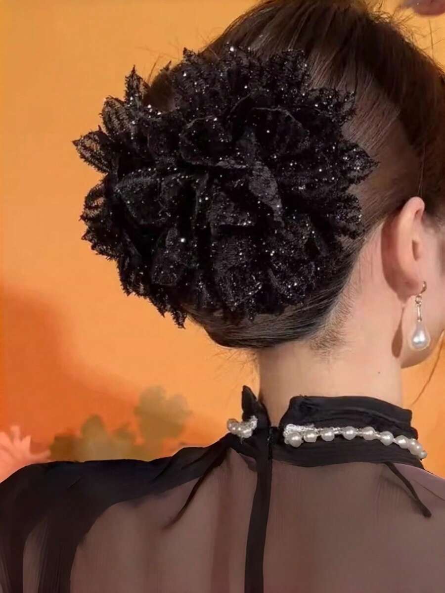 1个复古华丽闪亮大花朵发夹，3D花朵发髻爪夹发饰，休闲发爪，时尚发饰，优雅发夹，夏季沙滩配饰，女士 - 彩色 - 查看 1