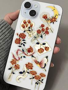 50pcs/Set Romance Aesthetic Gold Stamping Red Rose Transparent PET Stickers, DIY Decorative Decals For Luggage Notebook Laptop Guitar Phone Stationery Sticker Scrapbook Supplies Scrapbook